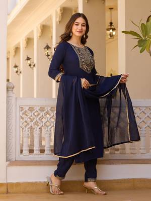 Nevy blue color rayon embroidered readymade suit for party looks 4