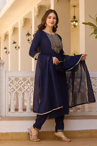 Nevy blue color rayon fabric ethnic embroidered readymade suit for party looks