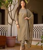 Pista color rayon fabric ethnic embroidered readymade suit for party looks