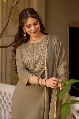 Pista color rayon embroidered readymade suit for party looks