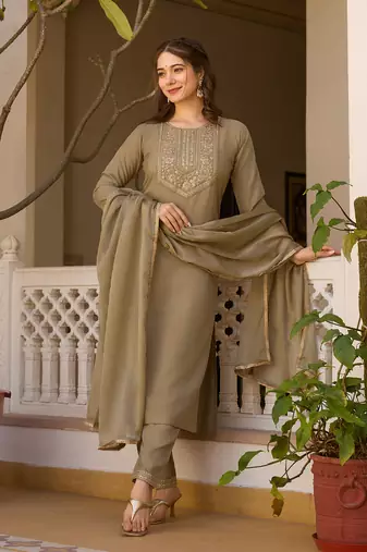 Pista color rayon embroidered readymade suit for party looks