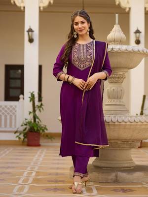 Purple color rayon embroidered readymade suit for party looks 1