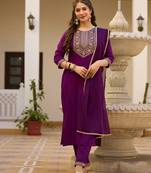 Purple color rayon fabric ethnic embroidered readymade suit for party looks