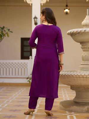 Purple color rayon embroidered readymade suit for party looks 2