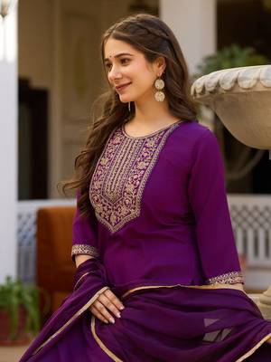 Purple color rayon embroidered readymade suit for party looks 3