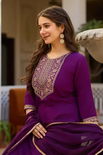 Purple color rayon embroidered readymade suit for party looks