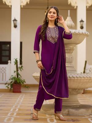 Purple color rayon embroidered readymade suit for party looks 4