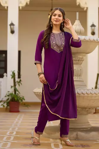 Purple color rayon embroidered readymade suit for party looks