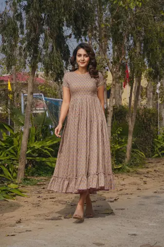 Beige color heavy rayon heavy digital printed beautiful partywear gown