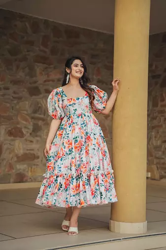 Off white color heavy rayon heavy digital printed beautiful partywear gown