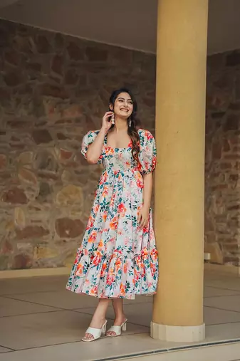 Off white color heavy rayon heavy digital printed beautiful partywear gown