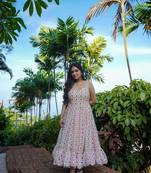 Cream color heavy rayon heavy digital printed   beautiful partywear gown