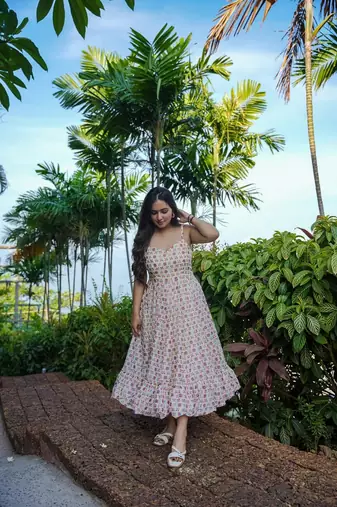 Cream color heavy rayon heavy digital printed beautiful partywear gown