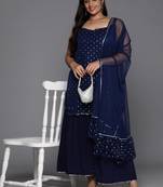 Navy blue color net fabric designer big size readymade partywear kurta set
