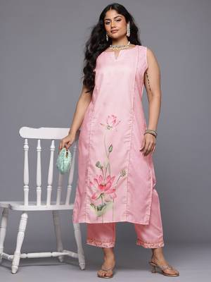 Pink color cotton blend fabric designer big size readymade partywear kurta set 1
