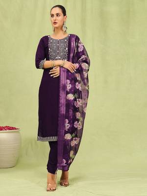 Purple color beautiful formal styled viscose roman silk salwar kameez 1
