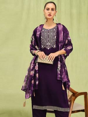 Purple color beautiful formal styled viscose roman silk salwar kameez 3