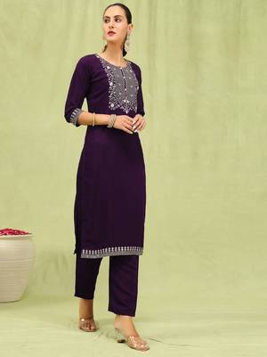 Purple color beautiful formal styled viscose roman silk salwar kameez 4