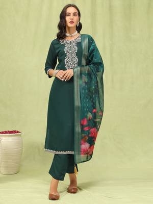 Green color beautiful formal styled viscosee roman silk salwar kameez 1