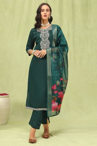 Green color beautiful formal styled viscose roman silk salwar kameez