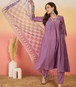 Lavender color beautiful and ethnic roman silk festive wear suit