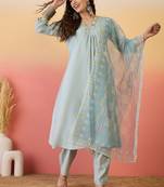 Sky blue color beautiful and ethnic roman silk festive wear suit
