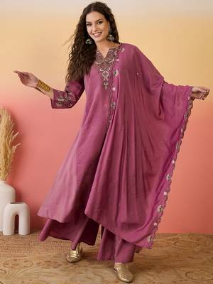 Pink color ethnic resham embroidered festive wear ceremonial kurta set 1