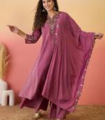 Pink color ethnic resham embroidered festive wear ceremonial kurta set