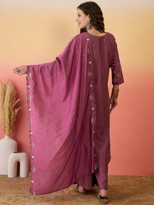 Pink color ethnic resham embroidered festive wear ceremonial kurta set 2