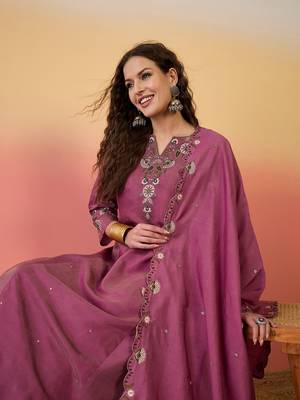 Pink color ethnic resham embroidered festive wear ceremonial kurta set 3