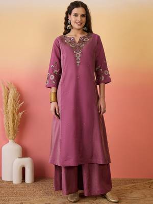 Pink color ethnic resham embroidered festive wear ceremonial kurta set 4