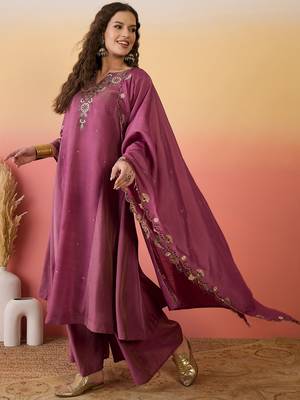 Pink color ethnic resham embroidered festive wear ceremonial kurta set 5