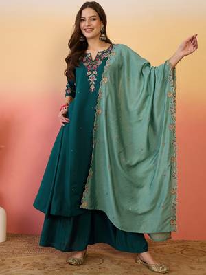 Rama color ethnic resham embroidered festive wear ceremonial kurta set 1