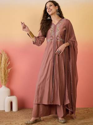 Brown color resham embroidered festive wear ceremonial kurta set 1