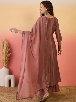 Brown color resham embroidered festive wear ceremonial kurta set 2