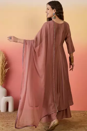 Brown color resham embroidered festive wear ceremonial kurta set