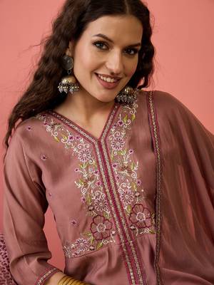 Brown color resham embroidered festive wear ceremonial kurta set 3