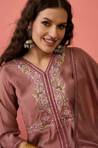 Brown color resham embroidered festive wear ceremonial kurta set