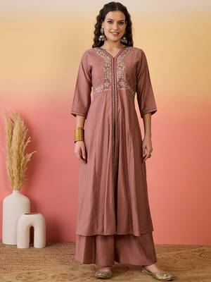 Brown color resham embroidered festive wear ceremonial kurta set 4