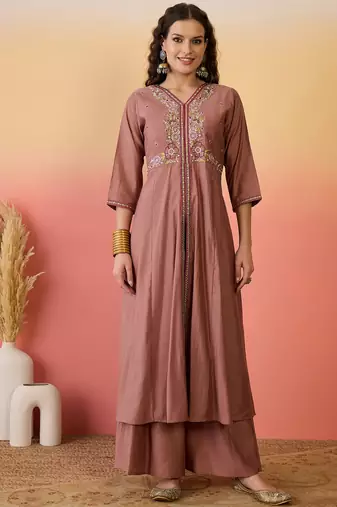 Brown color resham embroidered festive wear ceremonial kurta set