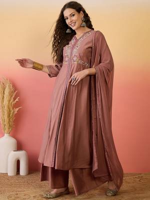 Brown color resham embroidered festive wear ceremonial kurta set 5