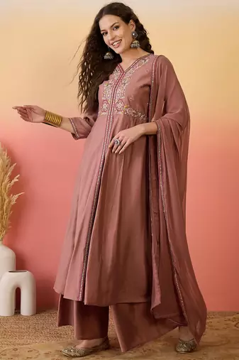 Brown color resham embroidered festive wear ceremonial kurta set