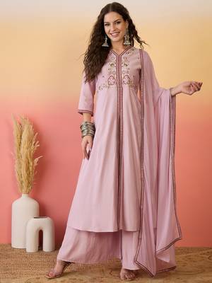 Pink color resham embroidered festive wear ceremonial kurta set 1
