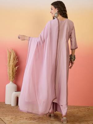 Pink color resham embroidered festive wear ceremonial kurta set 2