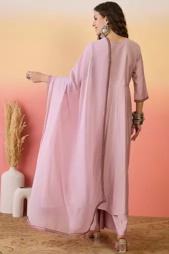 Pink color resham embroidered festive wear ceremonial kurta set