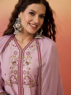 Pink color resham embroidered festive wear ceremonial kurta set 3