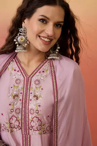 Pink color resham embroidered festive wear ceremonial kurta set