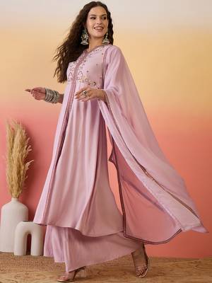 Pink color resham embroidered festive wear ceremonial kurta set 4