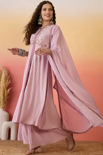 Pink color resham embroidered festive wear ceremonial kurta set