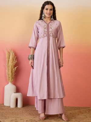 Pink color resham embroidered festive wear ceremonial kurta set 5